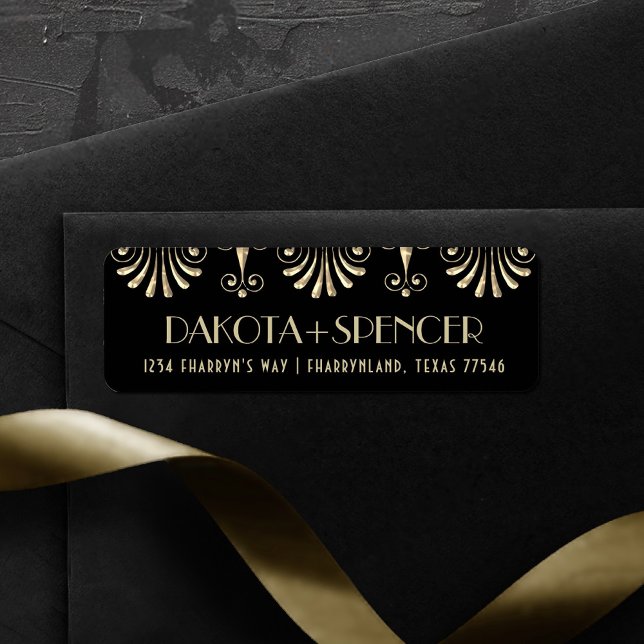 Sepia Guld och Black Art Deco Adress på 20-talet Returadress Etikett (Skapare uppladdad)
