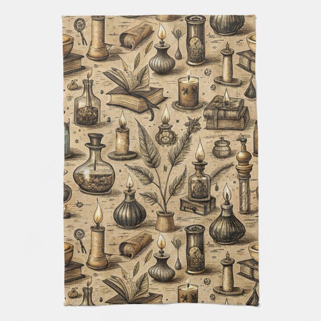 Sepia Häxkonst Alkemi Böcker Potion Vintage Kökshandduk (Vertikal)