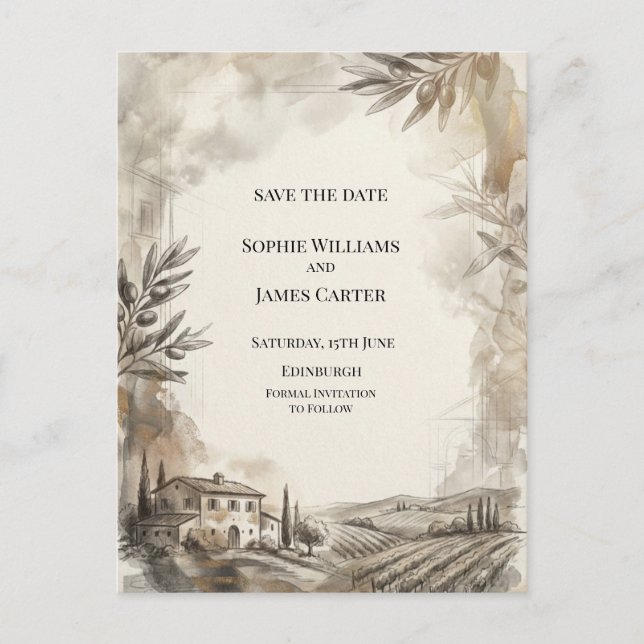 Sepia Highland Arch Sketch Save The Date Postkort Vykort (Framsida)