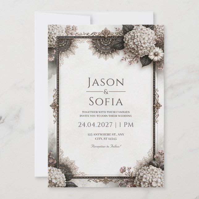 Sepia Hortensia Filigran Bröllop Inbjudningar (Framsida)