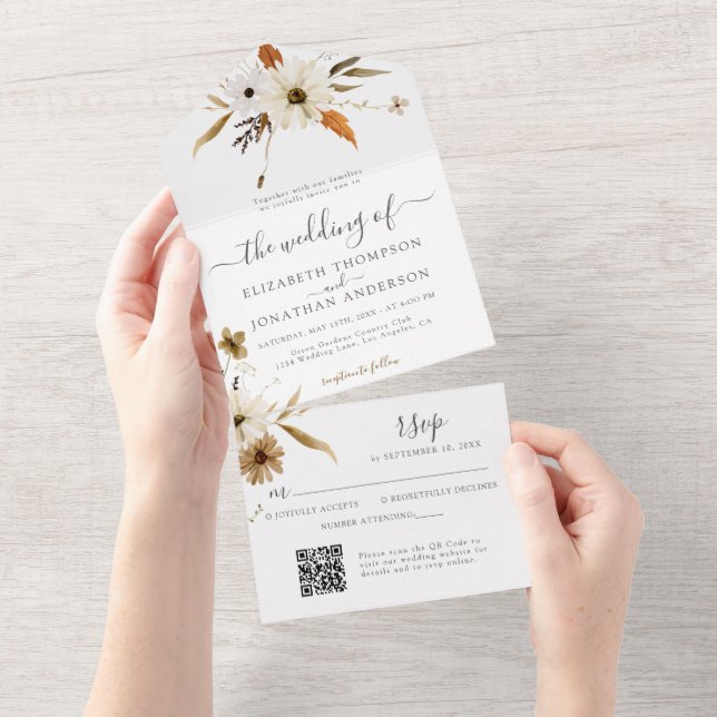 Sepia Höst Blommig Kräm Daisy Vild QR RSVP Bröllop (Avrivbar del)