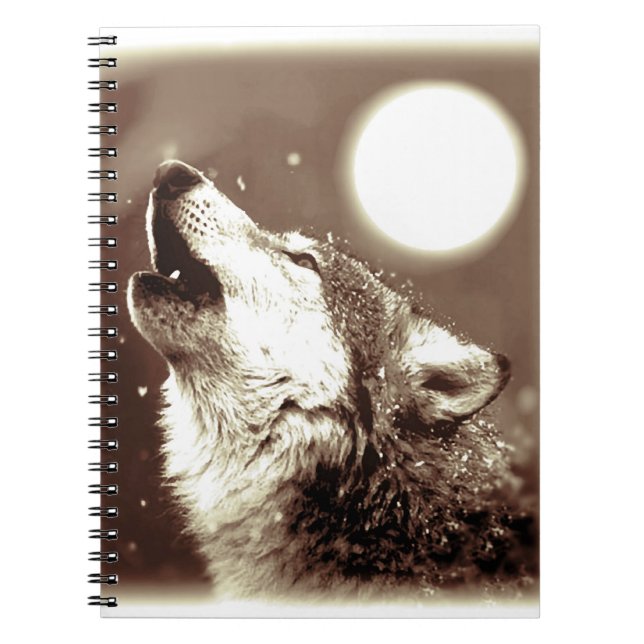 Sepia Howling Varg på Måne bärbara dator Anteckningsbok Med Spiral (Framsidan)