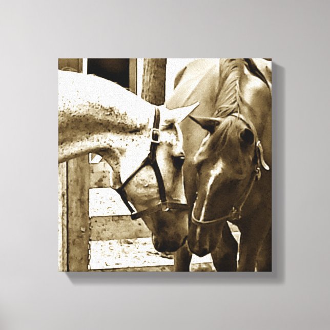 Sepia Image of Two Horses Up-Close Canvastryck (Framsida)