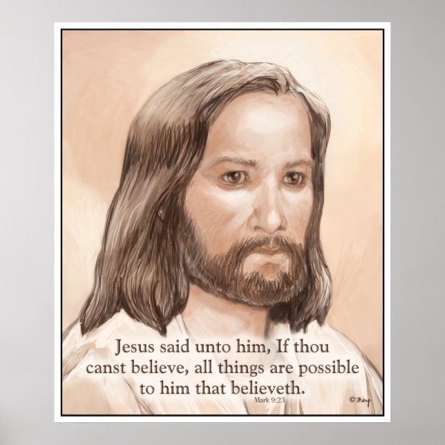 Sepia Jesus Art Bible Quote - Mark 9:23 Poster (Framsidan)