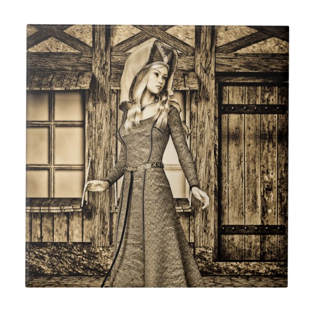 Sepia medeltida prinsessa renässanskonst kakelplatta (Framsidan)