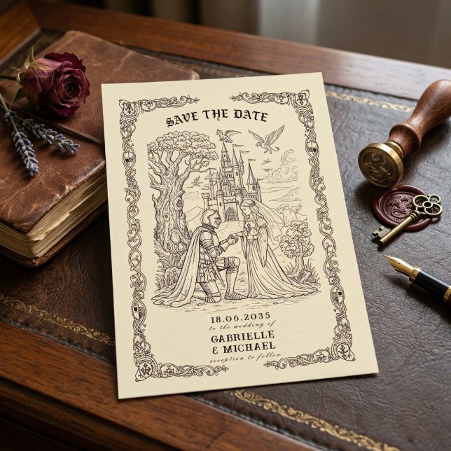 Sepia Medieval Illustration Fairytale Wedding  Spara Datumet (Skapare uppladdad)