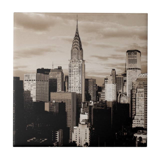 Sepia New York City Bläck Sketch Kakelplatta (Framsidan)