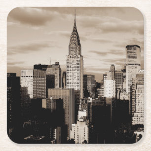 Sepia New York City Bläck Sketch Underlägg Papper Kvadrat