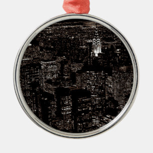 Sepia New York City Night Skyline Julgransprydnad Metall