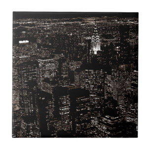 Sepia New York City Night Skyline Kakelplatta
