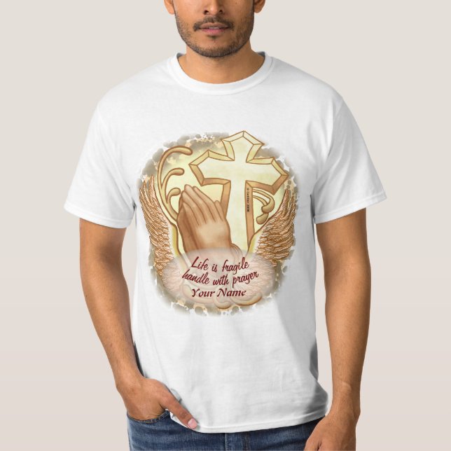 Sepia Prayer Händer Christian T Shirt (Framsida)