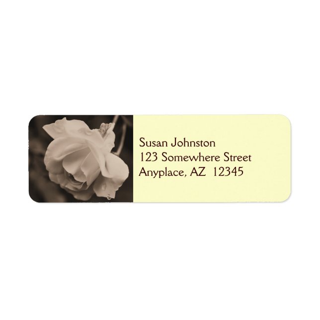 Sepia Rosenknopp Raindrops Flower Address Label Returadress Etikett (Framsidan)