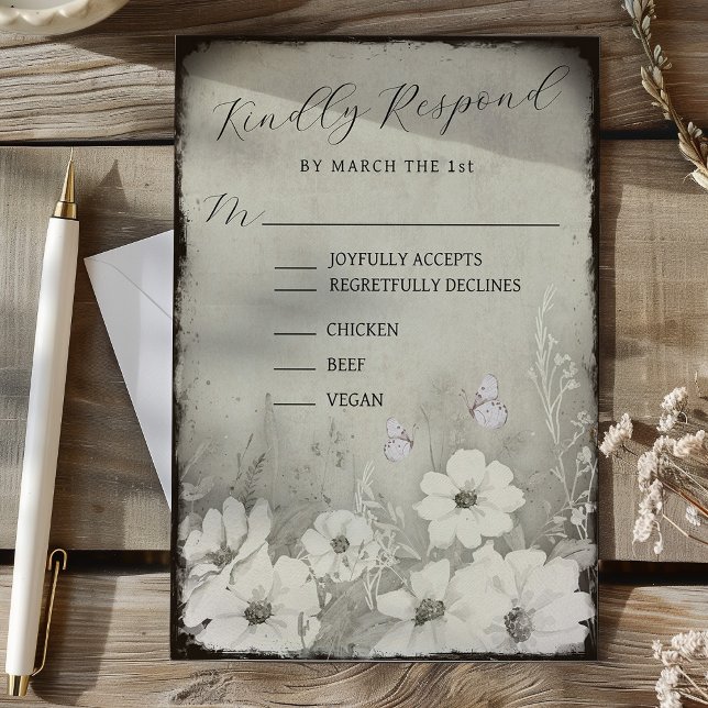 Sepia Rustic Butterfly Wildflower Wedding RSVP OSA Kort (Sepia Rustic Butterfly Wildflower Wedding RSVP)