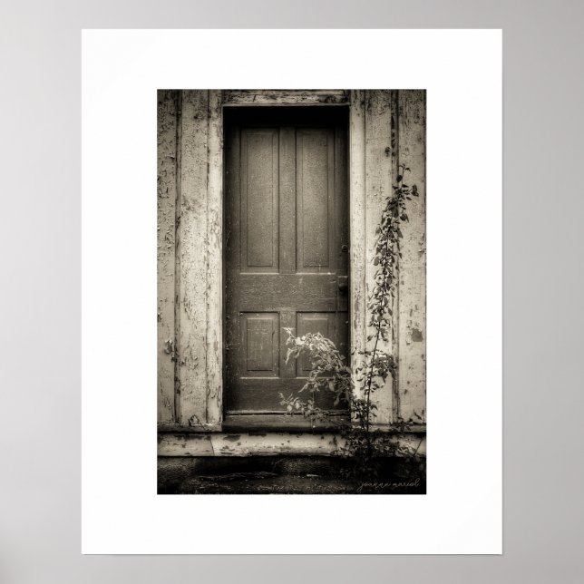 Sepia Rustik Övergiven Byggnadsdörr Postertryck Poster (Framsidan)