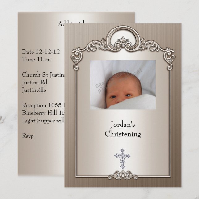 Sepia Silver Photo Ram Jewel Kor Christening Inbjudningar (Fram/baksida)