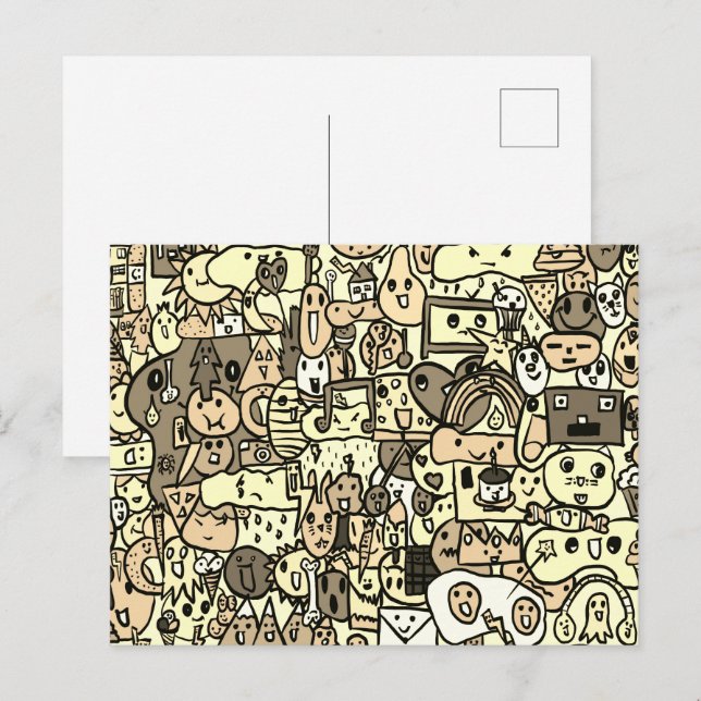 Sepia Tecknade figurer Hand plockade Toss Mönster Vykort (Fram/baksida)