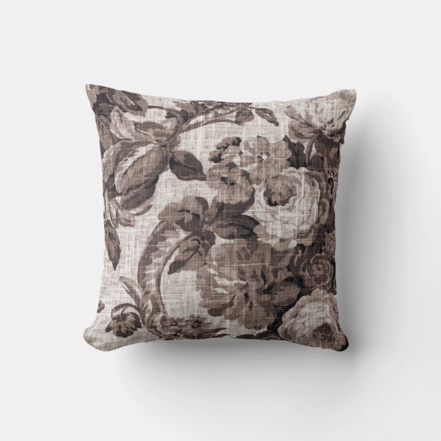 Sepia Ton Brun Botanisk Blommig Toile Nr 5 Kudde (Framsida)