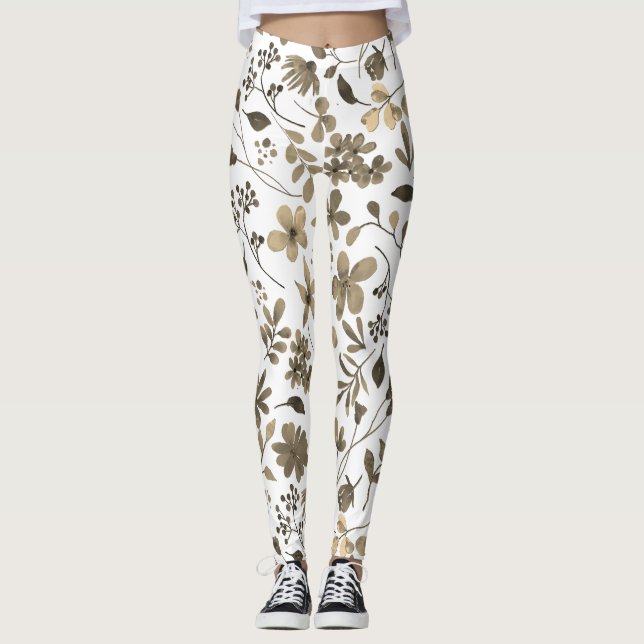 Sepia Ton Vintage Blommtryck Leggings (Framsida)