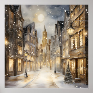 Sepia-tonad snöig stadsgata poster