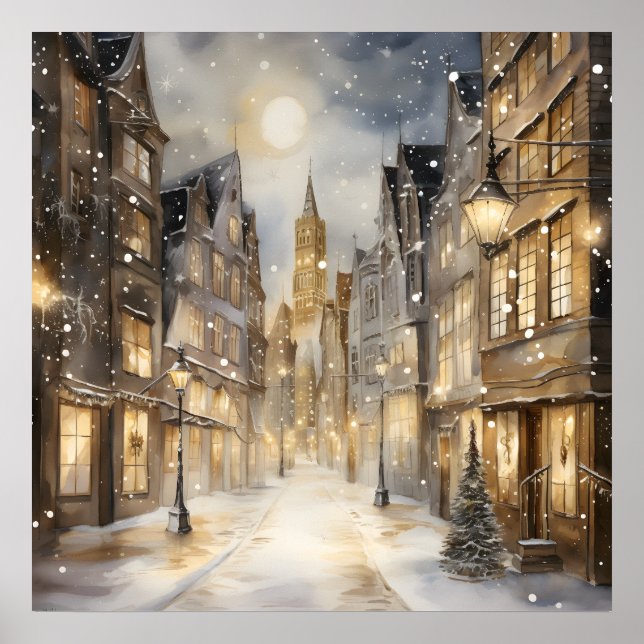 Sepia-tonad snöig stadsgata poster (Framsidan)
