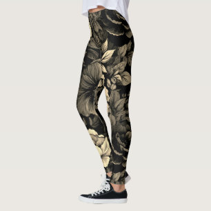 Sepia Tone-Vintage Blommigt Skriv ut Leggings