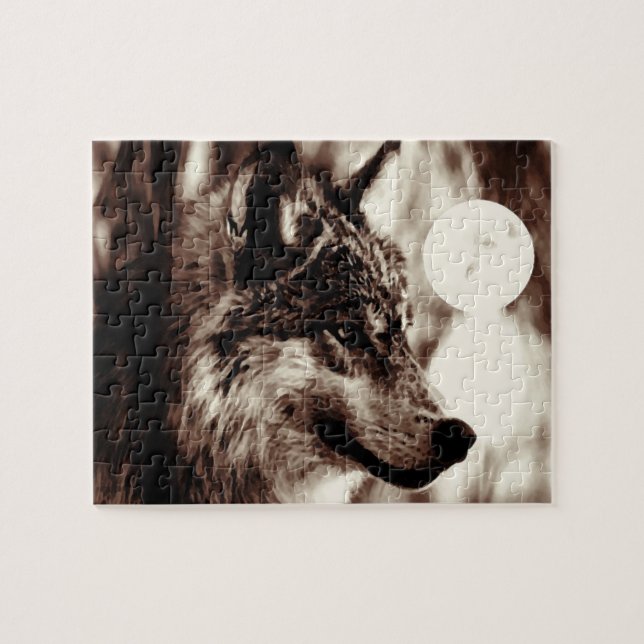 Sepia Varg Motivational Freedom Night Fullmoon Pussel (Horisontell)