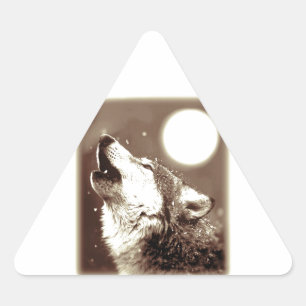 Sepia Varg och Måne Triangelformat Klistermärke