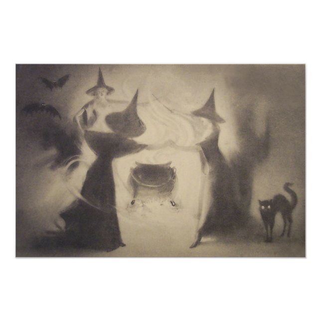 Sepia Witch Fladdermus Night Cauldron Black Cat Fototryck (Framsidan)
