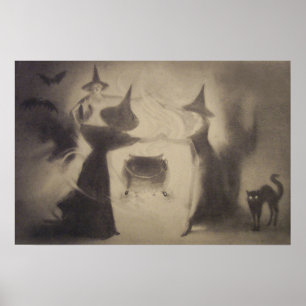 Sepia Witch Fladdermus Night Cauldron Black Cat Poster