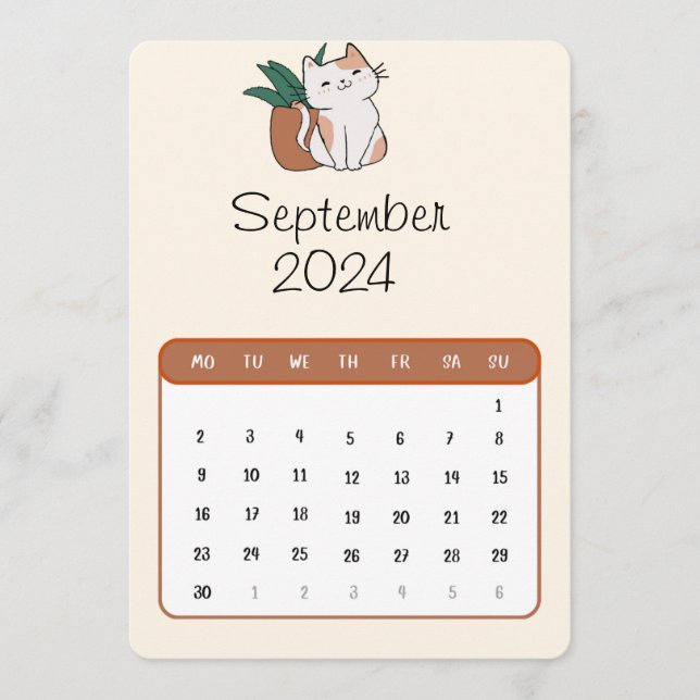September 2024 Fristående Katt- Och Växtkalender Meny (Framsida)