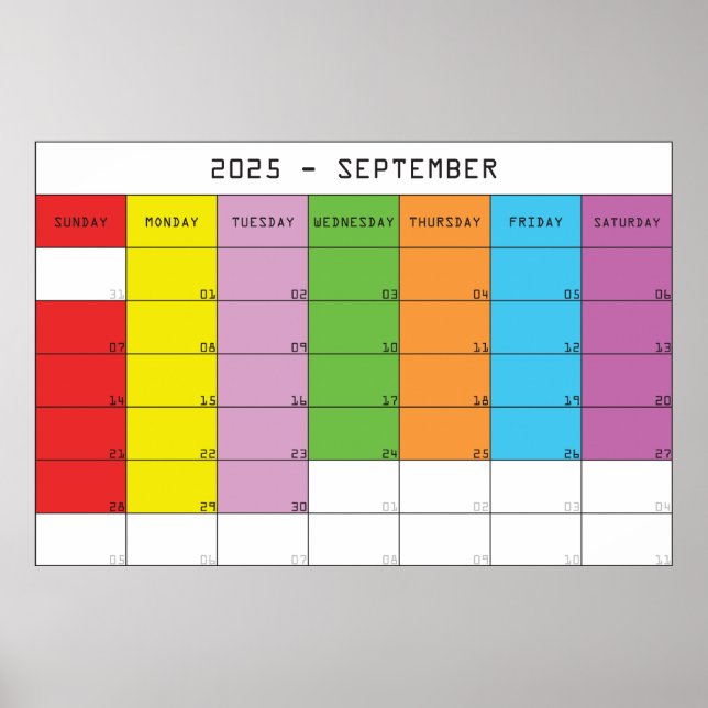 September 2025 färgdagar kalender planerare poster (Framsidan)