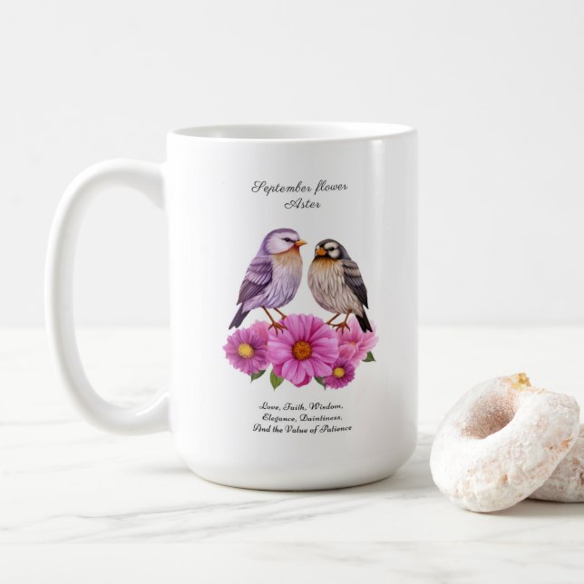 September Aster Flower med Birds Birth Gift Kaffemugg (Med munk)