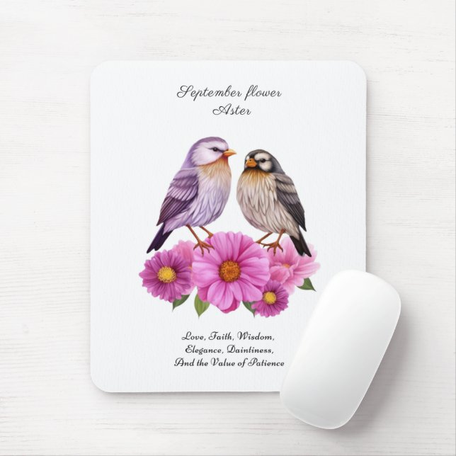 September Aster Flower med Birds Birth Gift Musmatta (Med mus)