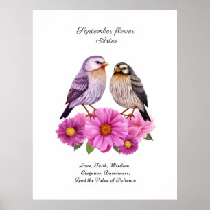 September Aster Flower med Birds Birth Gift Poster