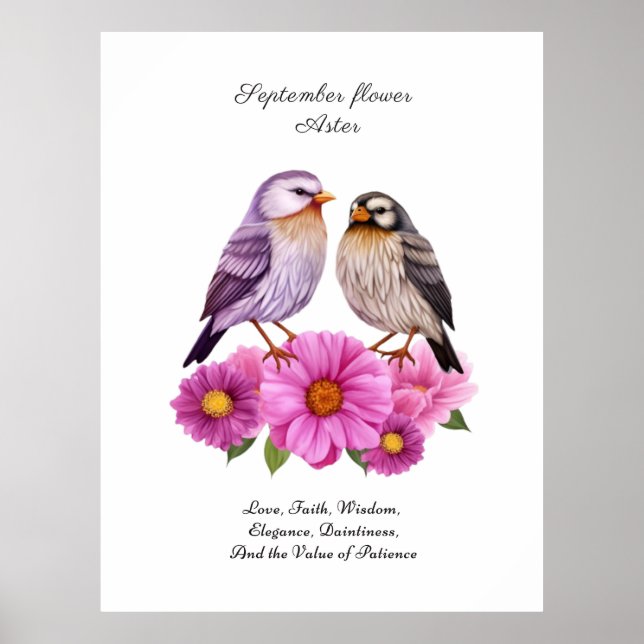 September Aster Flower med Birds Birth Gift Poster (Framsidan)