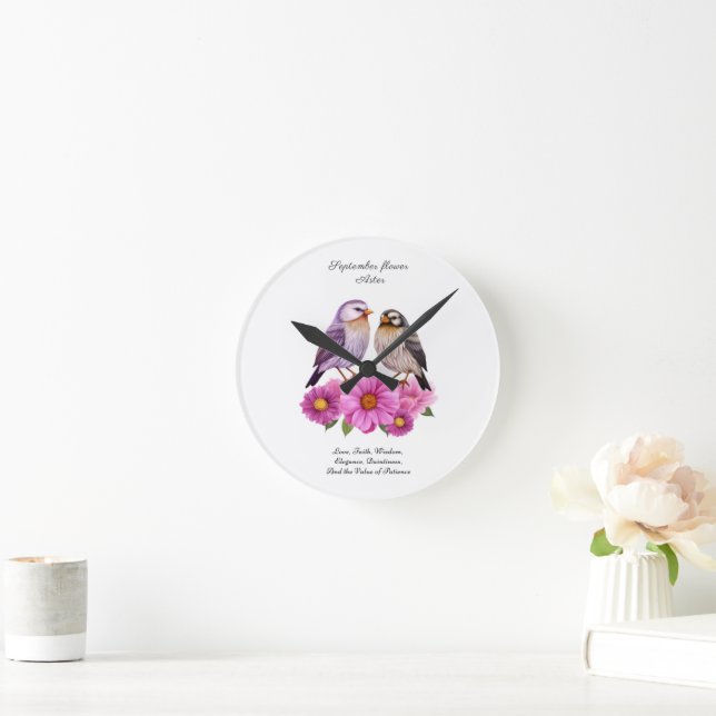 September Aster Flower med Birds Birth Gift Rund Klocka (Hem)
