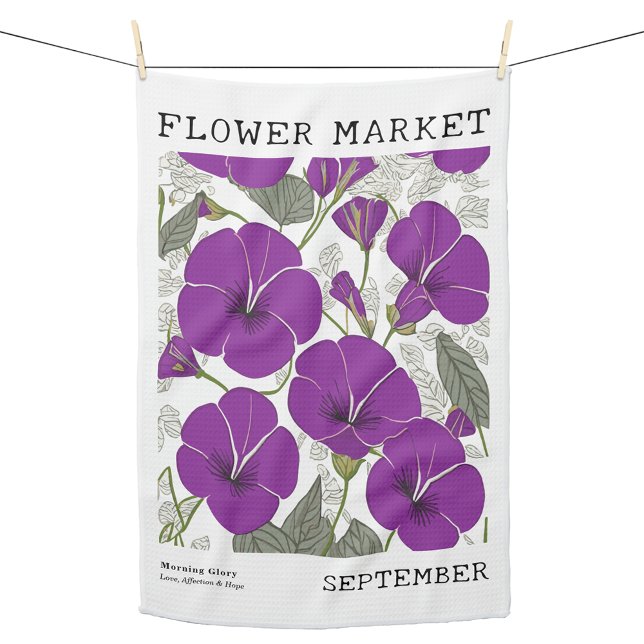 September Birkeland Flower Market Lila God morgon  Kökshandduk (Personalized September Birth Flower Market Kitchen Towel, Custom Floral Kitchen Towel, Morning Glory)