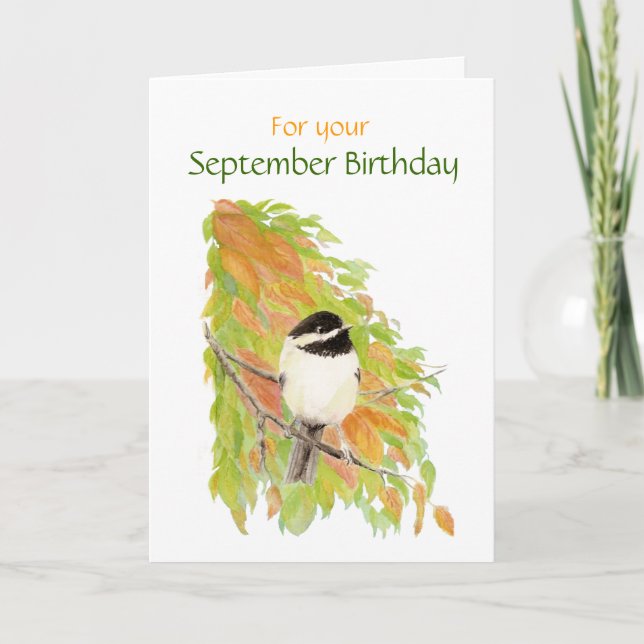 September Birthday Chickadee Bird Card Kort (Framsida)