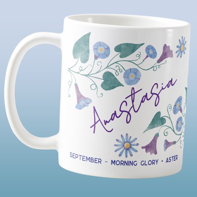 September Födelsedagsblomma Anpassat Namn Änglatru Kaffemugg (September birth month flower personalized custom name morning glory aster coffee mug gift)