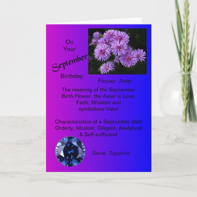 September-födelsedagskort - Aster och Sapphire Kort (Framsida)