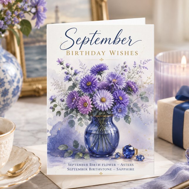 September Födelsedagsönskningar Asters Safir Födel Kort (Skapare uppladdad)