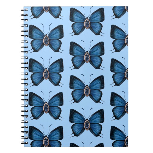 September Sapphire Blue Butterfly Mönster Design Anteckningsbok (Framsidan)