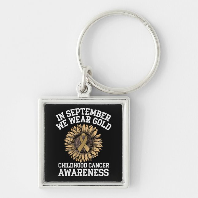 September Vi Bär Guld Medvetenhet Om Barncancer Fyrkantig Silverfärgad Nyckelring (Framsidan)