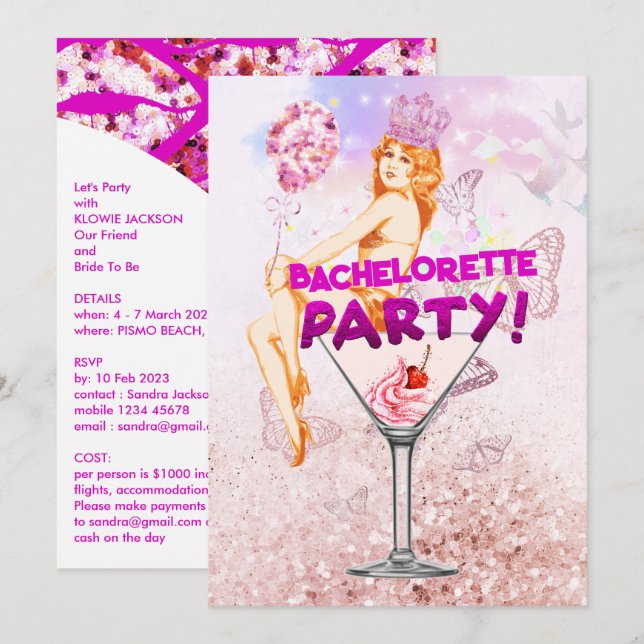 Sequence Rosa Glitzy Bachelorette Party Inbjudningar (Fram/baksida)