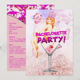 Sequence Rosa Glitzy Bachelorette Party Inbjudningar