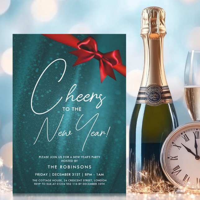 Sequin Bow för MODERN Nyårsafton Teal Gnistra Inbjudningar (MODERN New Years Eve Teal Sparkle Sequin Bow Invitation)