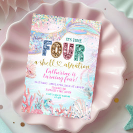 sequin glitter Four Shellebarate Girl birthday inv Inbjudningar