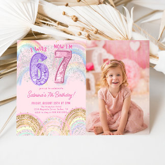 Sequin Rainbow Six Seven 67 Birthday Photo Inbjudningar