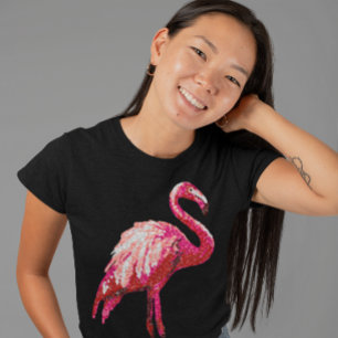 Sequin Tryckt Tropical Flamingo Rosa Bird Black T Shirt