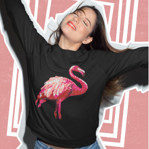Sequin Tryckt Tropical Flamingo Rosa Bird Black T Shirt